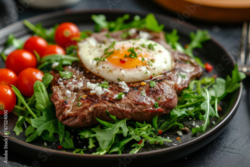 A plate of steak and eggs with a side of salad. The plate is on a wooden table
