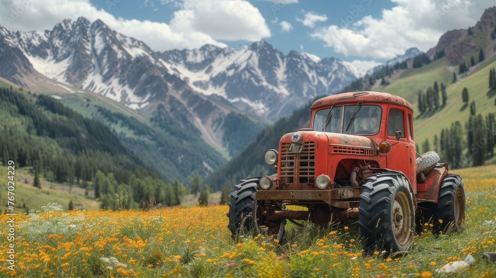 An aged, scarlet pickup is stationed amidst a sea of blooming flowers in the shadow of a snow-topped mountain range An aged, scarlet pickup is stationed amidst a sea of blooming flowers in the shadow of a snow-topped mountain range
