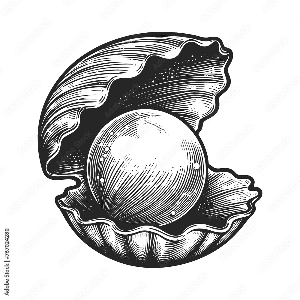  pearl nestled in an open oyster shell, representing luxury and natural beauty, line art sketch engraving generative ai raster illustration. Scratch board imitation. Black and white image. - obrazy, fototapety, plakaty 