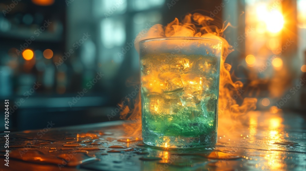 A glass filled with liquid on a table surrounded by fire and smoke A glass filled with liquid on a table surrounded by fire and smoke