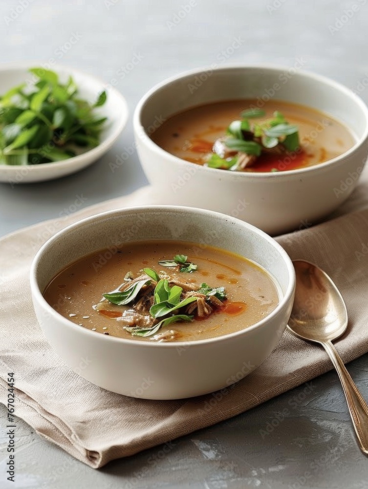 Two bowls of soup, clean and simple background Two bowls of soup, clean and simple background