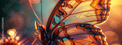 Glasswing Butterfly Perched on Blue Flora with Golden Hour Lighting
 photo