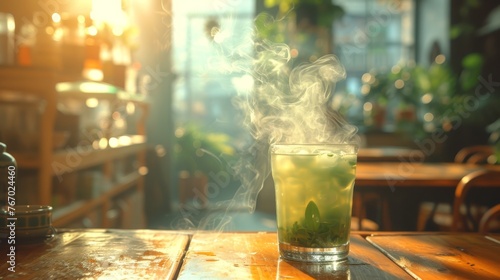   A photo captures a drink sitting atop a table  surrounded by billowing smoke emerging from its peak