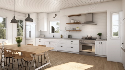 Bright white modern farmhouse kitchen with flat-front cabinets apron sink and industrial accents. © Aeman