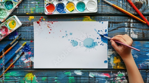 Childs Hand Holding Paintbrush Over Paper