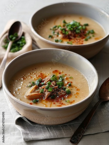 Two bowls of soup, clean and simple background