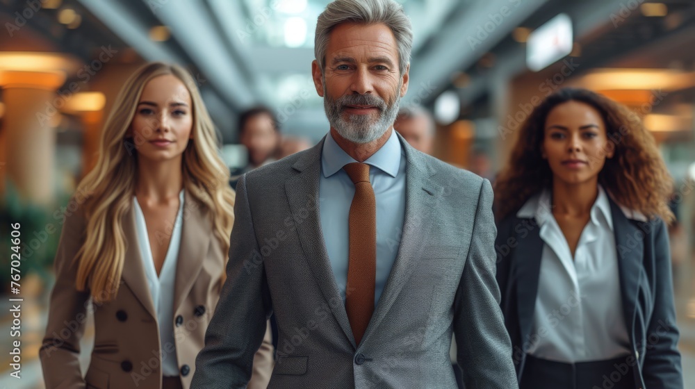 A group of professionals dressed in suits and ties walk down a hall, with a man in a suit and a woman in a white shirt and tan blazer leading the way A group of professionals dressed in suits and ties walk down a hall, with a man in a suit and a woman in a white shirt and tan blazer leading the way