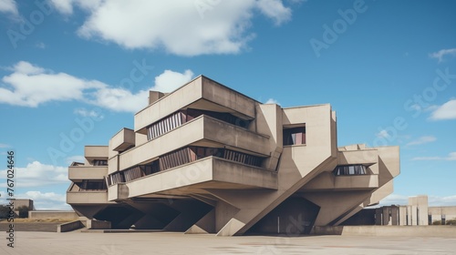 Brutalist concrete university building with angular forms.