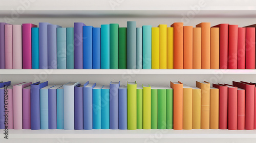 Mock-up of bookshelf with a lot of vivid colorful book spine stacking in white shelf with plain cover on a bright background. New modern minimal style.
