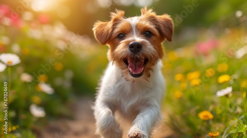  A small brown-and-white dog runs through a field of flowers, with its mouth open and tongue extended