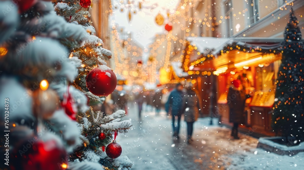 Christmas Tree in Snowy Street - obrazy, fototapety, plakaty 
