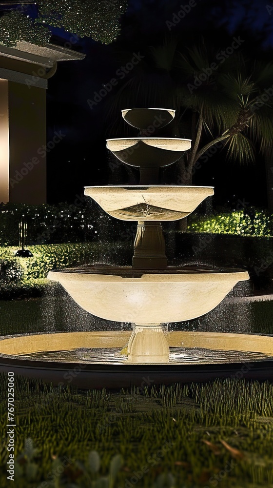 At night, there is a fountain on the lawn in the yard At night, there is a fountain on the lawn in the yard