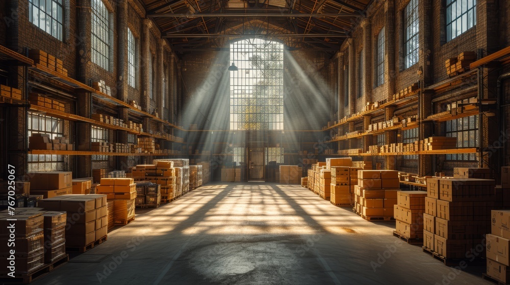 A spacious warehouse brimming with numerous boxes and a radiant light source piercing the center of the room A spacious warehouse brimming with numerous boxes and a radiant light source piercing the center of the room