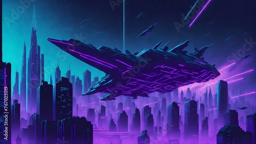  A sprawling cityscape filled with towering skyscrapers illuminated by vibrant purple and cyan neon lights.