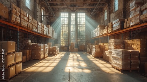   A warehouse filled with numerous boxes in the center of a room, bathed in sunlight streaming through the windows