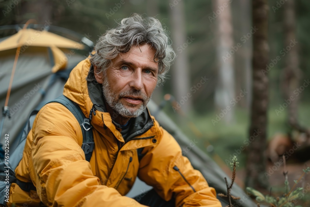 Mature man with a backpack resting by the tent in a forest Mature man with a backpack resting by the tent in a forest