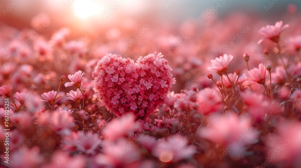 Fototapeta premium A pink flower heart in a sunlit field