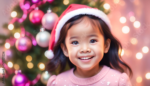 Cuta asian christmas girl with beautiful tree and lights with copy space photo