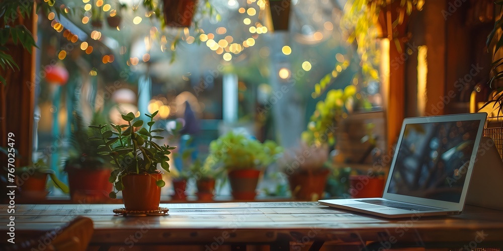 Cozy Cafe Workspace with Laptop and Greenery Cozy Cafe Workspace with Laptop and Greenery