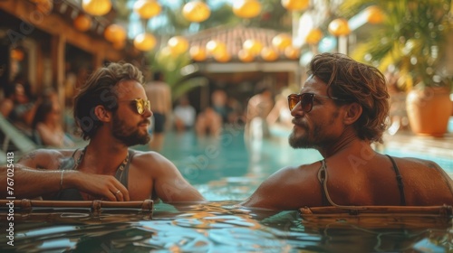   A pair of men lounging by a pool, adjacent to a bar, with oranges dangling overhead