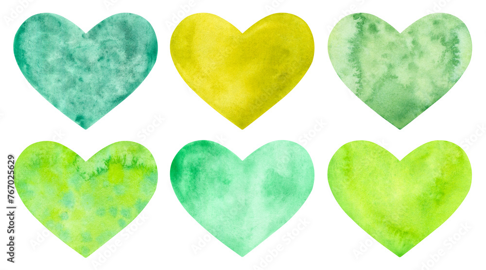 Set of hand painted watercolor green hearts isolated on a white background.