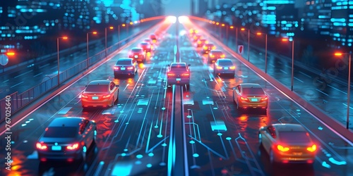 Autonomous Vehicles Navigating a Futuristic Illuminated City at Night