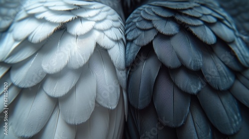   A bird's wings in detail, with blue and white feathers on the back