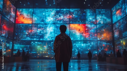   A man stands before a vibrant light show in a crowded room