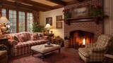 Charming English country cottage sitting room with wainscoting brick fireplace inglenook and coffered ceiling beams.