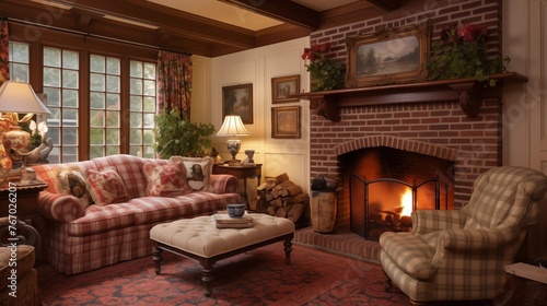 Charming English country cottage sitting room with wainscoting brick fireplace inglenook and coffered ceiling beams.