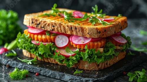  A black slate platter with lettuce, radishes, and other toppings on a sandwich
