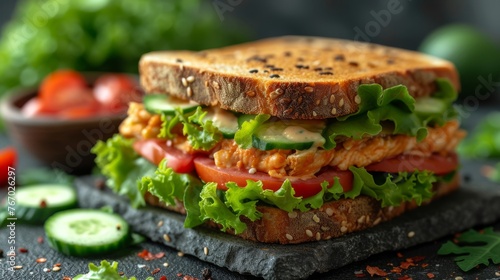  Sandwich with lettuce, tomato, cucumber, and lettuce on a slate board