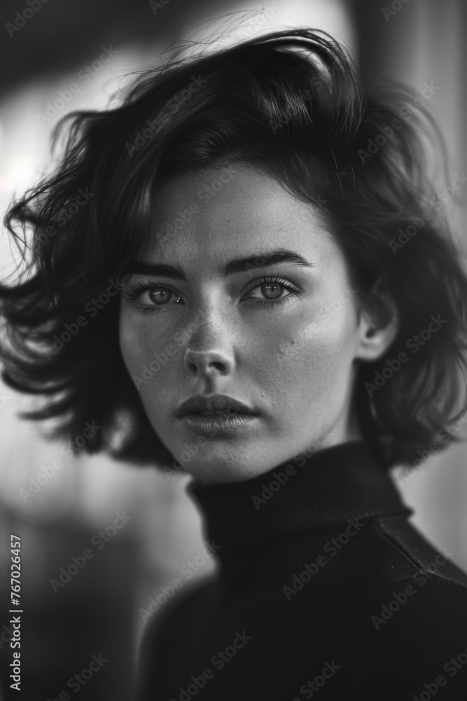 Hyper-realistic black and white cinematic photograph of a woman, 50s hairstyle.
