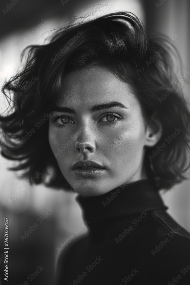 Hyper-realistic black and white cinematic photograph of a woman, 50s hairstyle. Hyper-realistic black and white cinematic photograph of a woman, 50s hairstyle.
