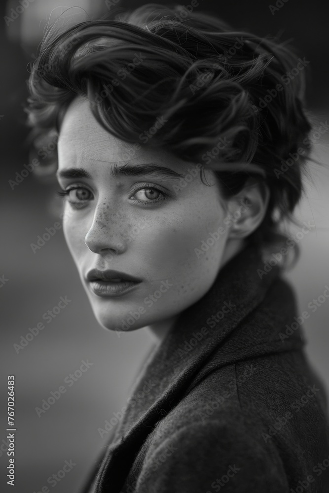 Hyper-realistic black and white cinematic photograph of a woman, 50s hairstyle.