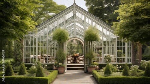 Charming English countryside estate greenhouse with curved glass cathedral ceilings lush espalier fruit trees and stone pathways.