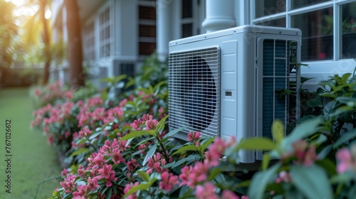   An air conditioner perched atop a window sill amidst a verdant field of rosy blossoms photo
