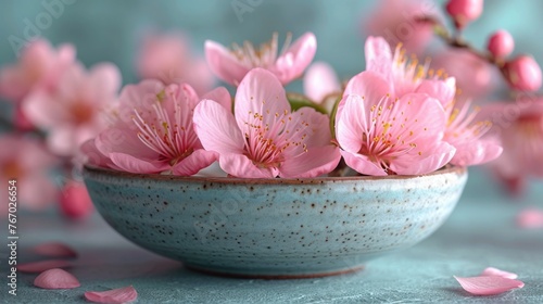   A blue bowl holds pink flowers atop a blue tablecloth, with petals scattered below