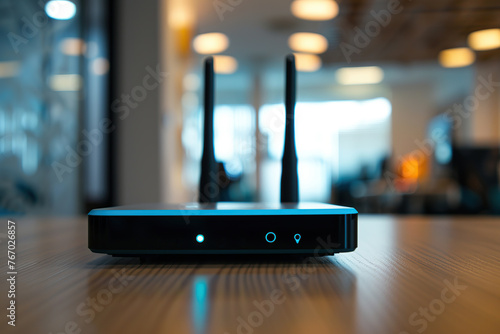 Wireless internet router on table in home interior photo