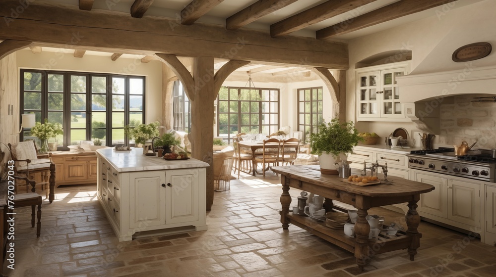 Charming French country manor kitchen with stone floors wood beams vintage farmhouse sink and ...