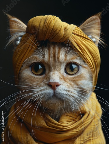 Johannes Vermeer (Johannes Vermeer), A gingle cat cat wearing pearl earrings, blue hair bands, yellow headscarves, yellow clothes photo