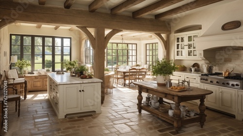 Charming French country manor kitchen with stone floors wood beams vintage farmhouse sink and sun-drenched breakfast nook. photo