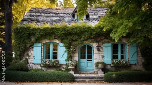 Charming French eclectic cottage with turquoise shutters climbing ivy and whimsical architectural touches.