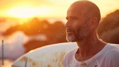 Serene sunset portrait of a contemplative senior man with a surfboard © Georgii