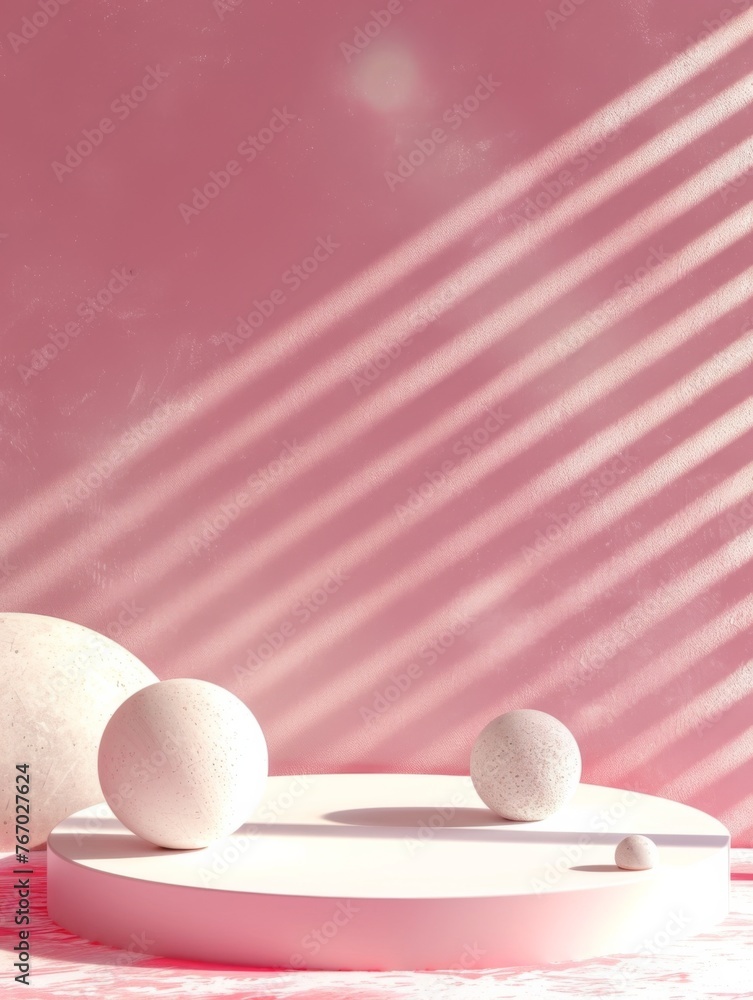 Fototapeta premium minimal abstract pink background for product presentation, with round podium and some geometric elements