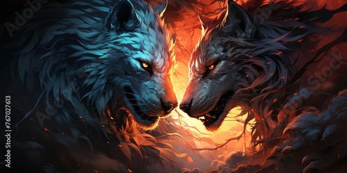 a digital art of two wolves