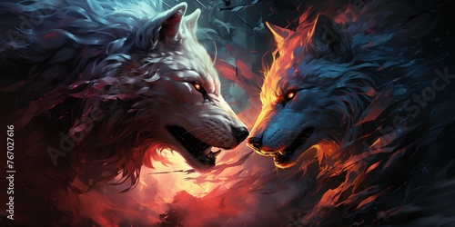 a white wolf with red eyes facing each other