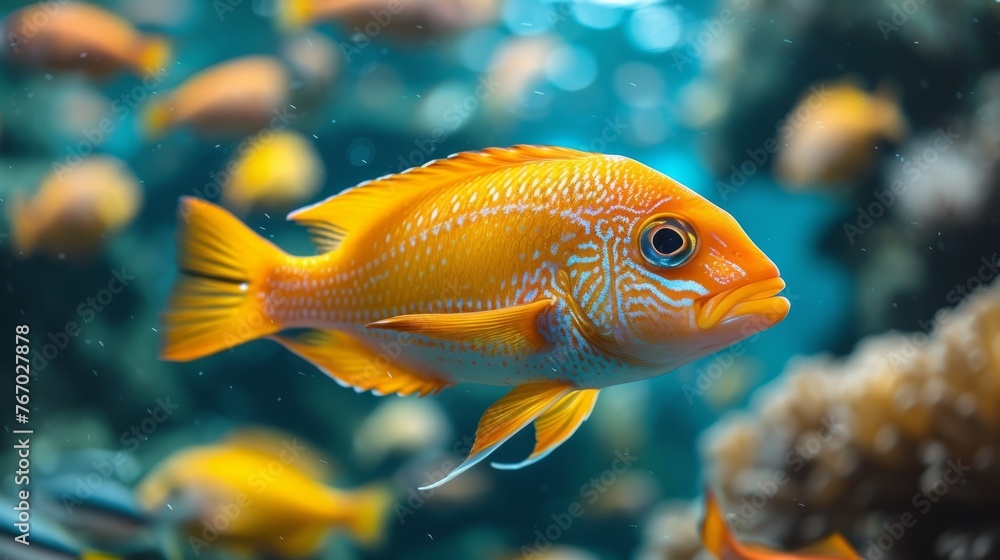 Close-up of a fish in an aquarium surrounded by numerous other fish Close-up of a fish in an aquarium surrounded by numerous other fish