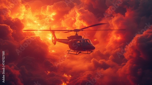   Helicopter flying in cloudy sky with sun behind it