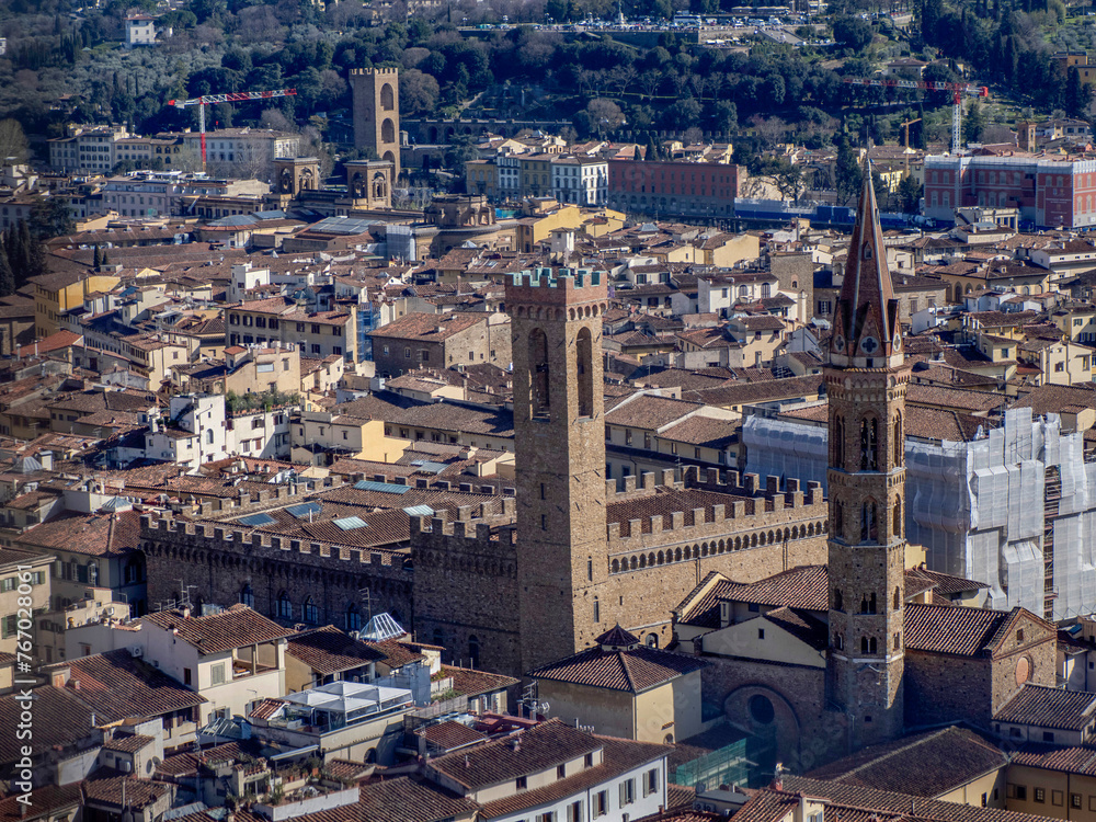 Bargello Palace Florence Aerial view cityscape from giotto tower detail near Cathedral Santa Maria dei Fiori, Brunelleschi Dome Italy